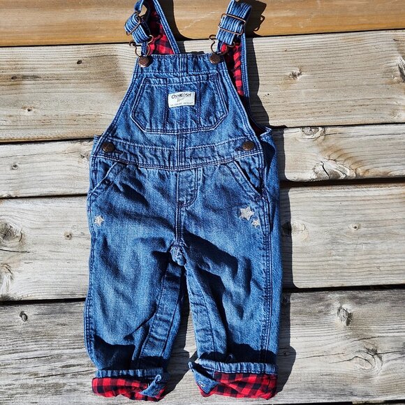 ADORABLE Carter's OshKosh B'Gosh Lined Overalls 9 Months Buffalo Check STARS - Picture 1 of 5